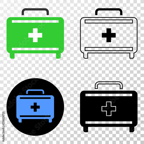 First aid case EPS vector pictogram with contour, black and colored versions. Illustration style is flat iconic symbol on chess transparent background.