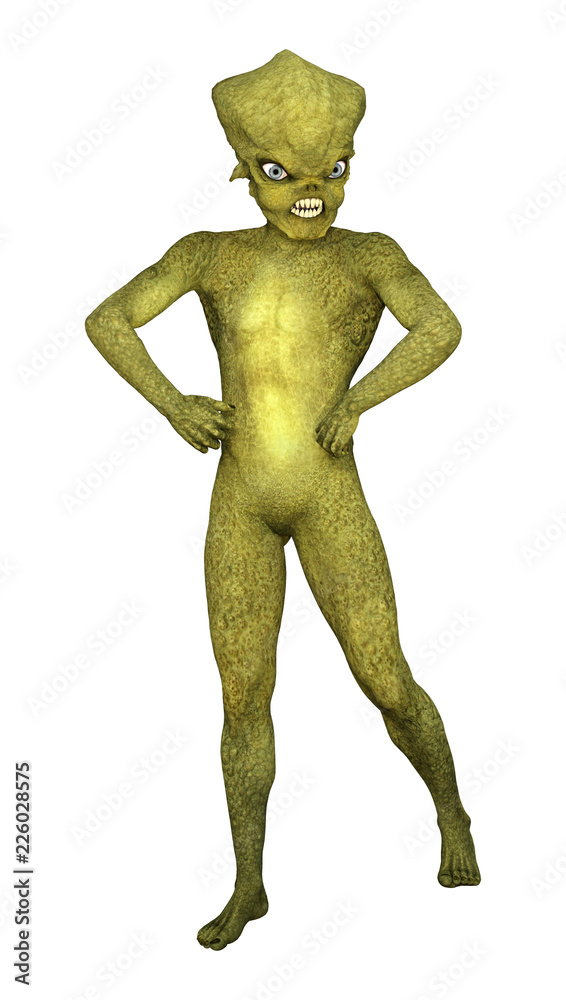 3D Rendering Green Alien on White 3D Rendering Green Alien on White