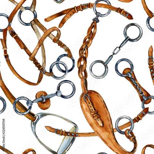harness horse watercolor pattern. equestrian seamless background