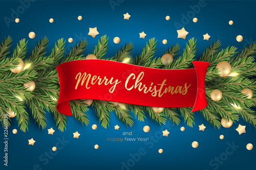 Holiday's Background for Merry Christmas greeting card with a realistic garland of pine tree branches, decorated with Christmas balls, Candy Canes, red berries