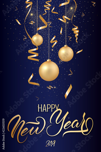 Happy new year postcard with nice lettering Happy New Year in gold color