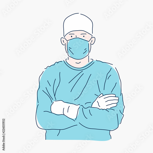 Surgeon with arms crossed. Doctor in a blue robe