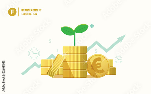 coin piles euro currency and plant sapling on top with growing graphic background illustration vector. Finance concept.