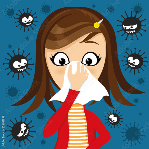 Girl has runny nose and viruses around on a blue background.