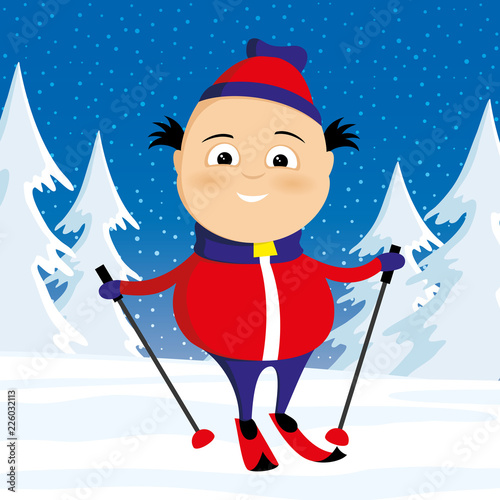 Cheerful skier in the winter snowy forest.