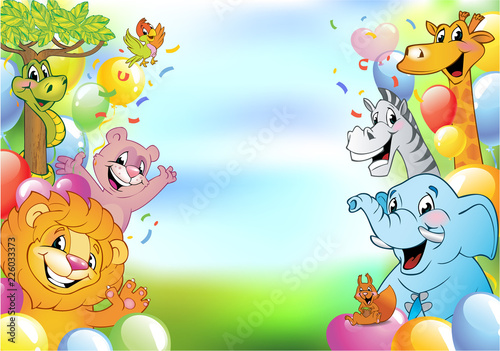 Fototapeta Naklejka Na Ścianę i Meble -  Cartoon cheerful animals, holiday background