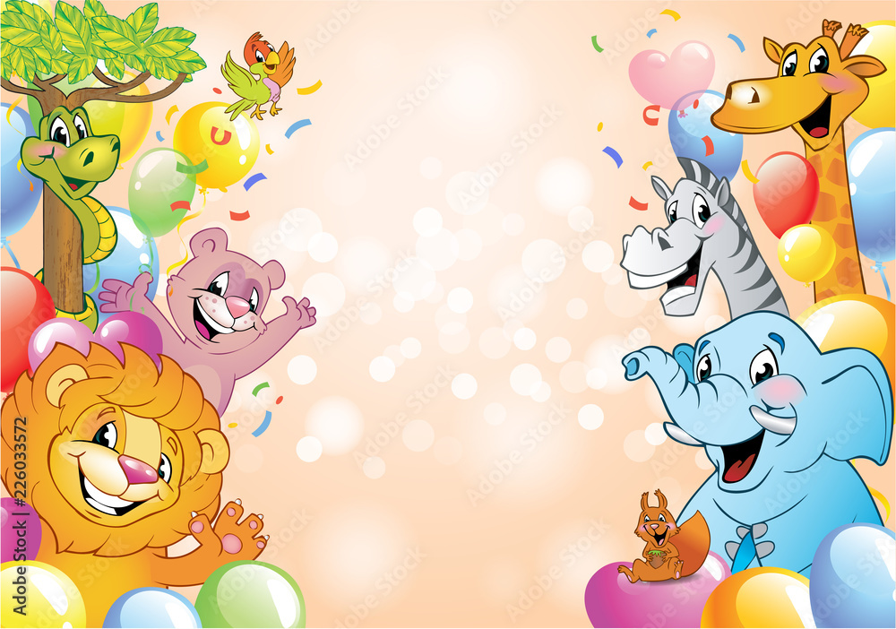 Cartoon cheerful animals, holiday background Cartoon cheerful animals, holiday background