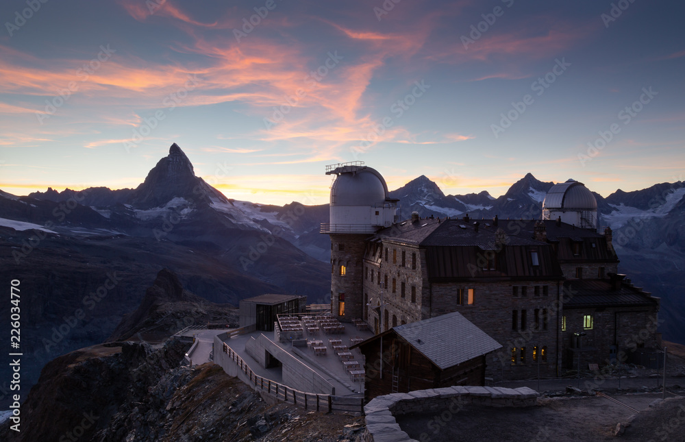 Planetarium at the Gornergrat and the Matterhorn during a nice sunet in Switzerland.