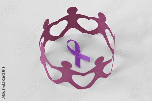 Paper people in a circle around violet ribbon on white background - Concept of Domestic Violence awareness; Alzheimer's disease, Pancreatic cancer, Epilepsy awareness and Hodgkin's Lymphoma