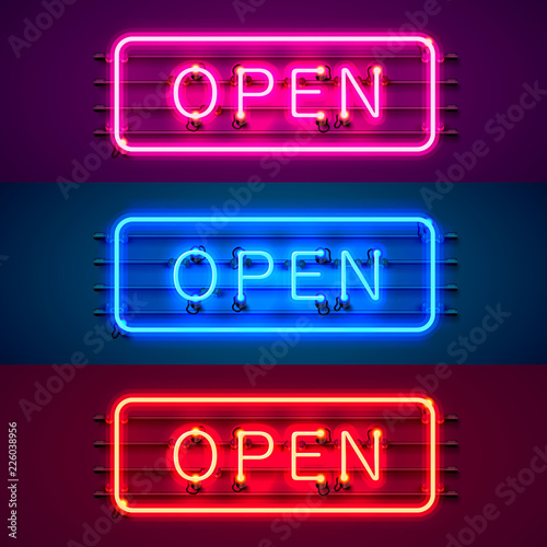 Neon sign with text open, entrance is available color set. Vector illustration