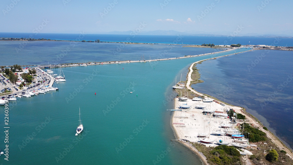 Aerial drone view of Lefkada Canal a natural entrance to the island with swamp like landscape near castle of Agia Mavra, Ionian, Greece