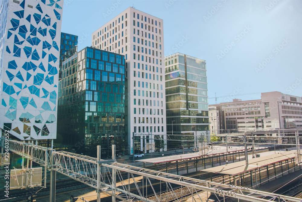 beautiful city view at modern buildings and railway station at Barcode district, Oslo