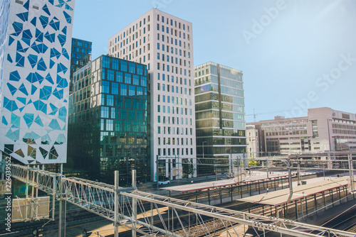 beautiful city view at modern buildings and railway station at Barcode district, Oslo