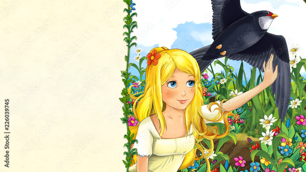 cartoon fairy tale scene with beautiful young girl in the meadow waving to cuckoo  bird - with frame for text - illustration for children Stock Illustration |  Adobe Stock