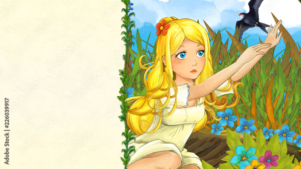 cartoon fairy tale scene with beautiful young girl in the meadow waving to cuckoo bird - with frame for text - illustration for children