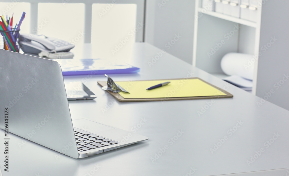 Workspace desktop, documents on the office table Workspace desktop, documents on the office table