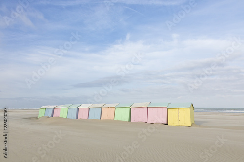Beach huts in pastel colors at Berck-Plage, France