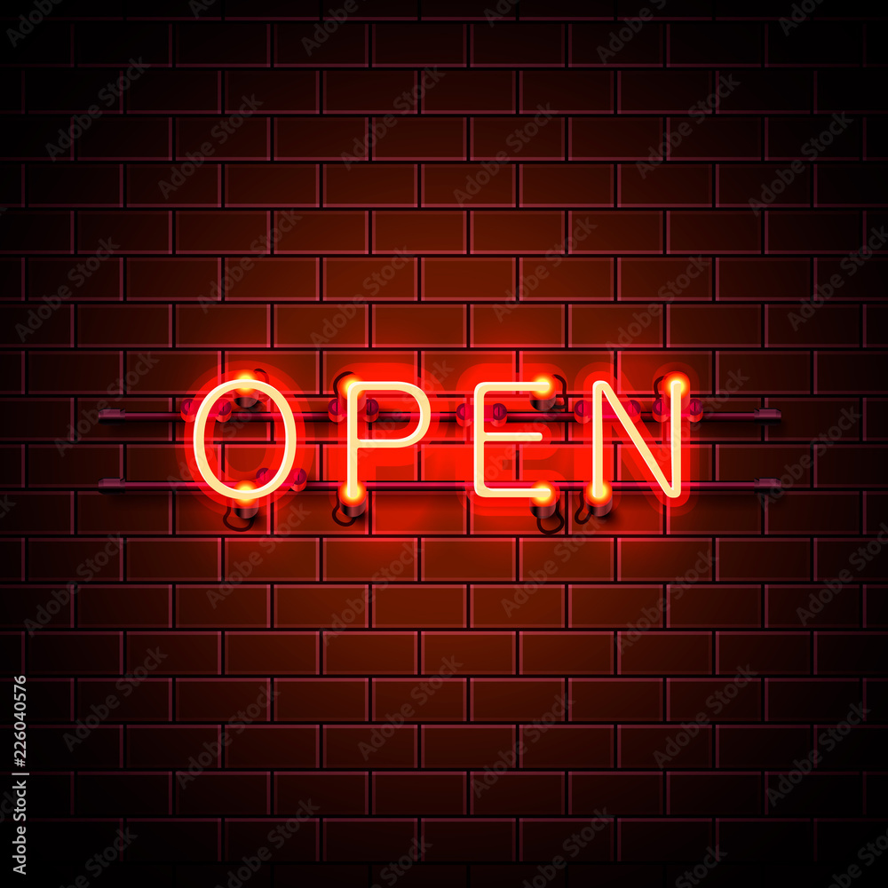 Neon sign with text open, entrance is available. Vector illustration