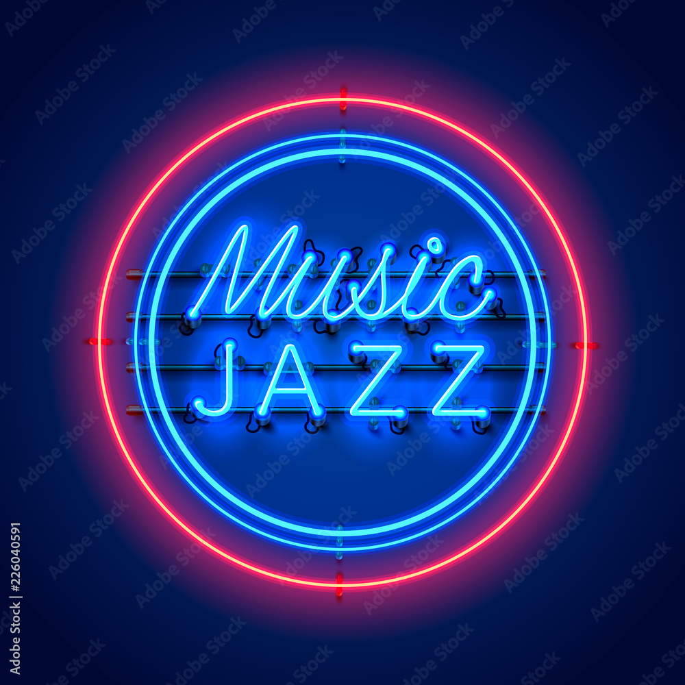 Neon music jazz signboard on the red background. Vector illustration Neon music jazz signboard on the red background. Vector illustration