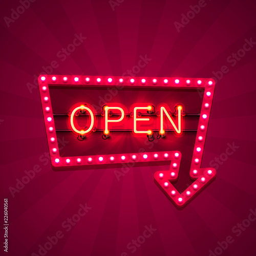Neon sign with text open arrow, entrance is available. Vector illustration