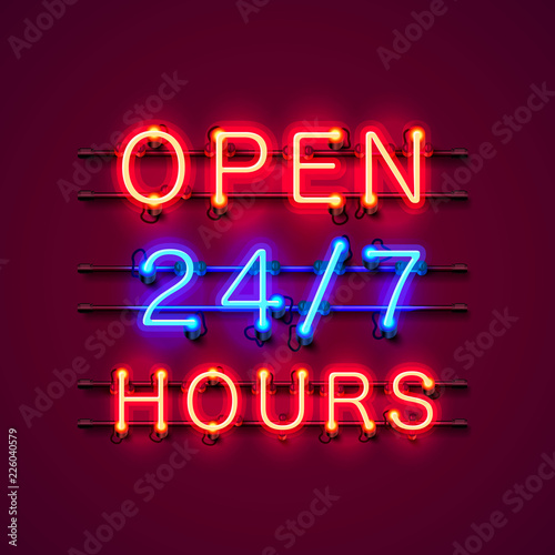 Neon signboard 24 7 open hours time. Vector illustration