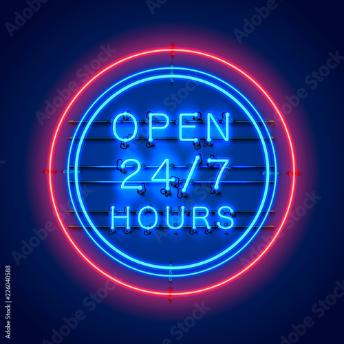 Neon signboard 24 7 open hours time. Vector illustration