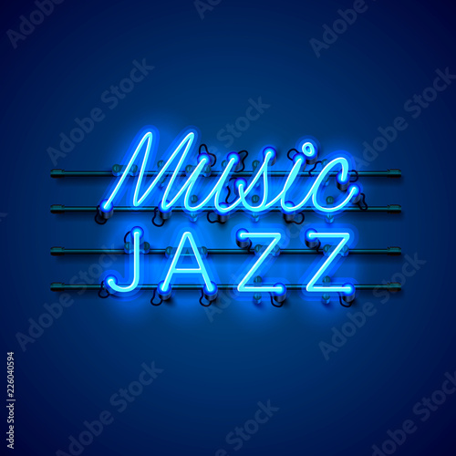 Photography Neon music jazz signboard on the blue background