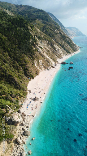 Aerial drone photo of popular beach of Kavalikefta with turquoise clear sea in island of Lefkada, Ionian, Greece