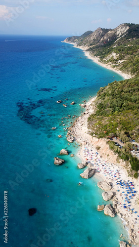 Aerial drone photo of popular beach of Kavalikefta with turquoise clear sea in island of Lefkada, Ionian, Greece photo