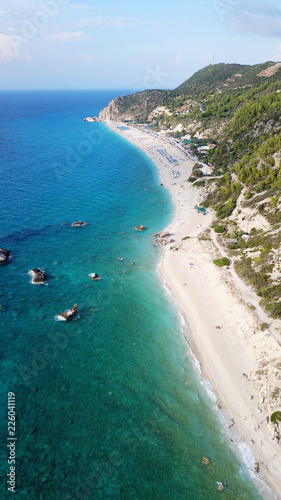 Aerial drone photo of popular beach of Kavalikefta with turquoise clear sea in island of Lefkada, Ionian, Greece © aerial-drone