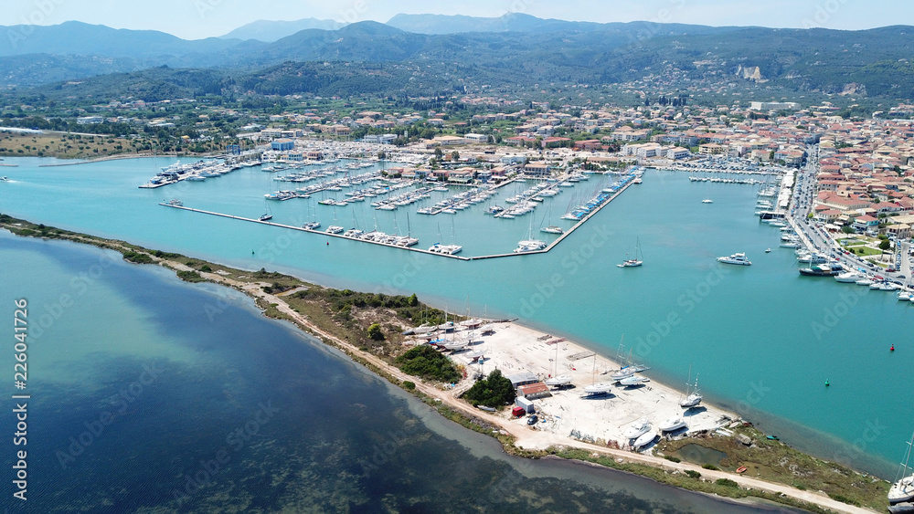 Aerial drone bird's eye view photo from popular and picturesque main town of Lefkada island, Ionian, Greece