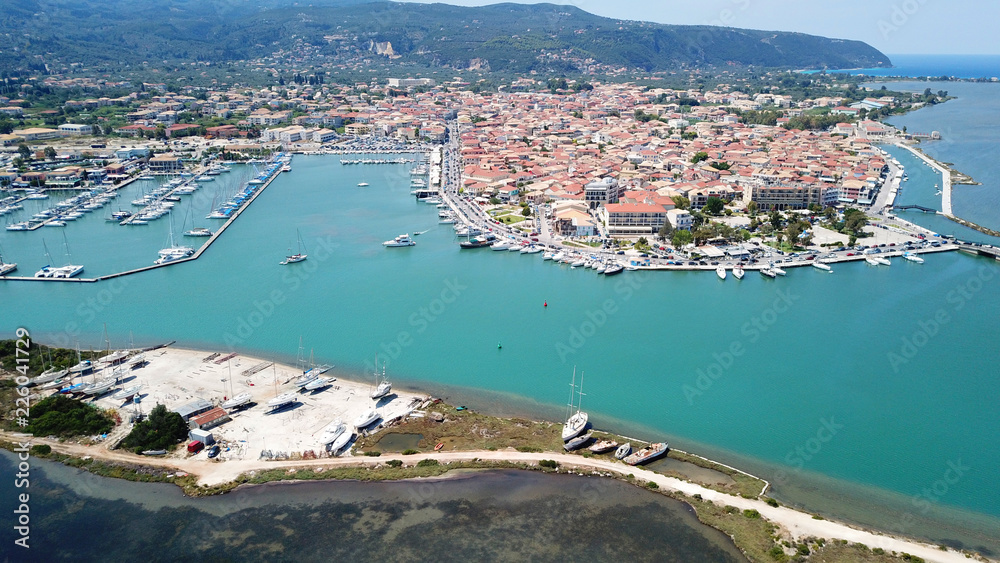 Fototapeta premium Aerial drone bird's eye view photo from popular and picturesque main town of Lefkada island, Ionian, Greece