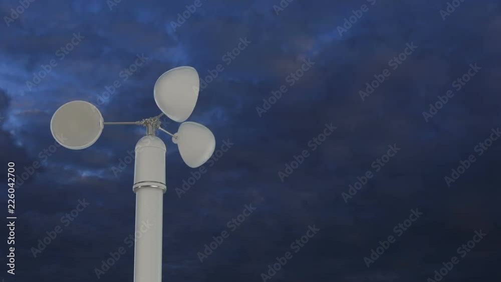 Anemometer rotates fast with stormy clouds in background. Loop ready animation of device used for measuring wind speed. Anemometer rotates fast with stormy clouds in background. Loop ready animation of device used for measuring wind speed.