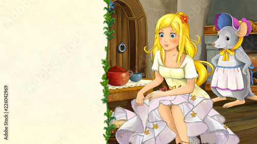 cartoon fairy tale scene with beautiful young girl in medieval kotchen with a mouse hostess - illustration for children photo