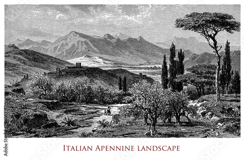 Engraving depicting a scenic landscape of Italian Apennines photo