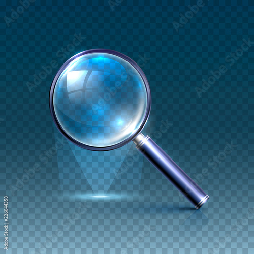 Magnifying glass art blue on a transparent background. Vector illustration
