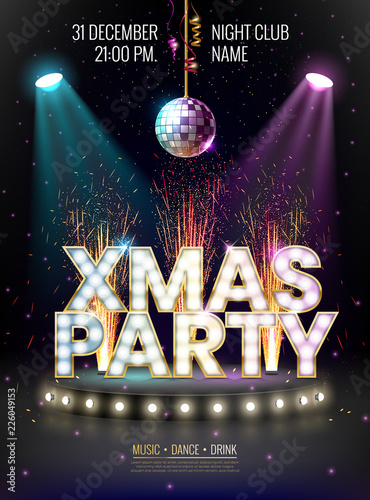 Xmas party glowing letters with light bulbs and a gold outline. Night party poster, greeting card, template for your design projects