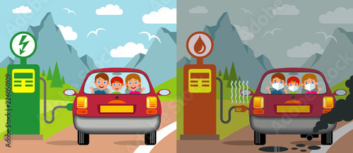 comparison between cars at an electrical charging station and a petrol station photo