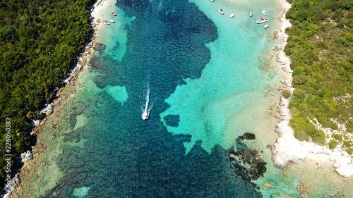 Fototapeta Naklejka Na Ścianę i Meble -  Aerial drone bird's eye view photo of iconic paradise sandy beach of blue lagoon with deep turquoise clear sea and pine trees  in complex island of Mourtos in Sivota area, Epirus, Greece