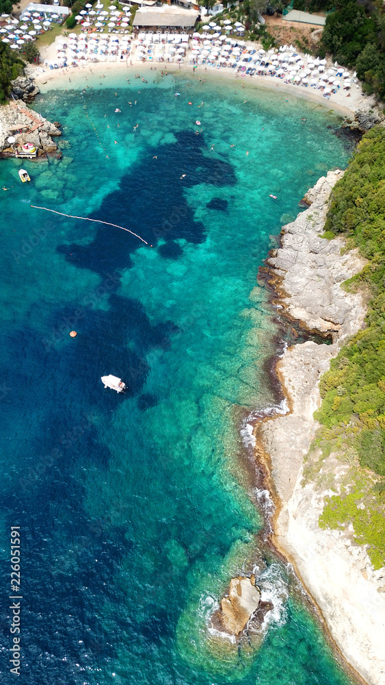 Aerial drone photo of popular beach of Mikri Amos near iconic area of Sivota, Epirus, Ionian, Greece