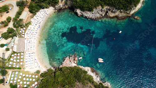 Fototapeta Naklejka Na Ścianę i Meble -  Aerial drone photo of popular beach of Mikri Amos near iconic area of Sivota, Epirus, Ionian, Greece