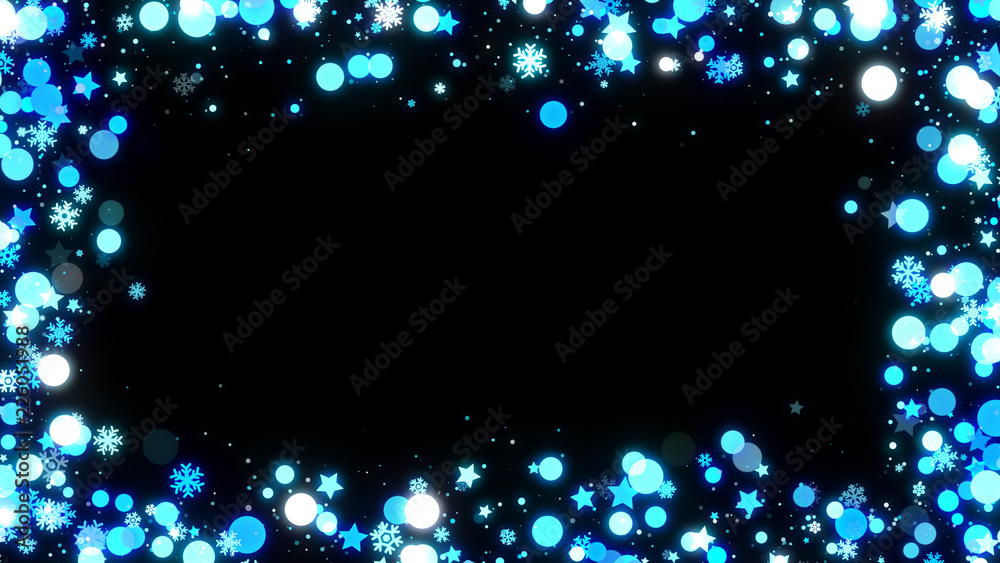 Blue snowflakes, bokeh and stars Christmas frame on black background with copyspace. Blue snowflakes, bokeh and stars Christmas frame on black background with copyspace.