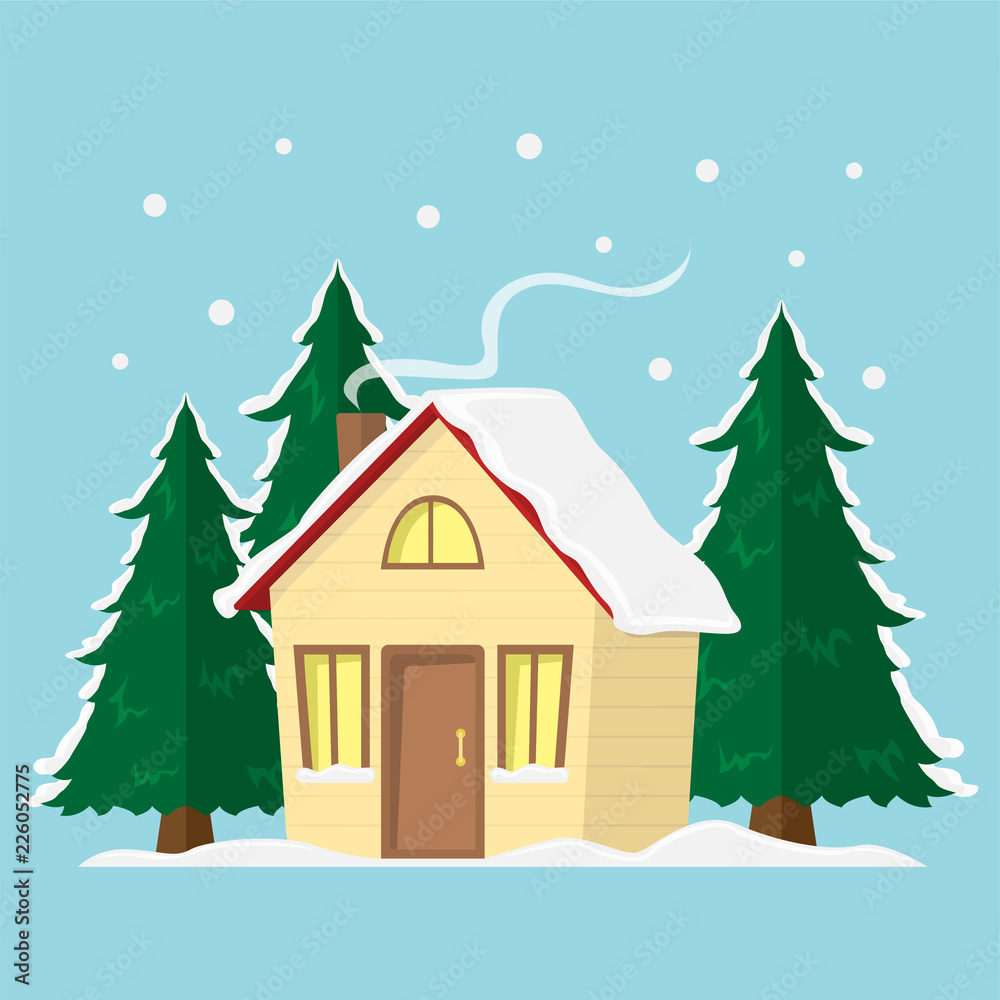 Winter mountain landscape background. Flat Vector Illustration with country house. Christmas season.
