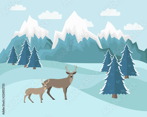 Winter mountain landscape background. Flat Vector Illustration with deers. Blue colors.