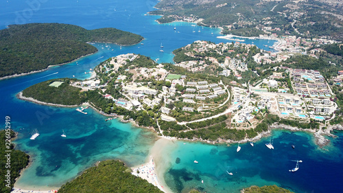 Aerial drone bird's eye view photo of iconic paradise sandy beaches with turquoise sea in complex islands of Agios Nikolaos and Mourtos in Sivota area, Ionian sea, Epirus, Greece photo