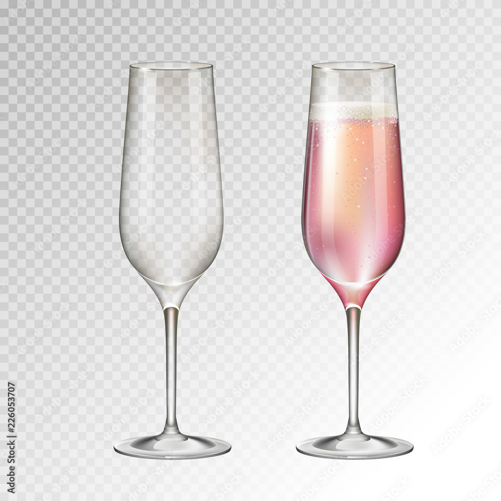 Realistic vector illustration of full ond empty champagne glass isolated on transperent background Realistic vector illustration of full ond empty champagne glass isolated on transperent background