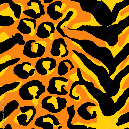 Vector illustration tiger print seamless pattern. Orange and yellow hand drawn background.