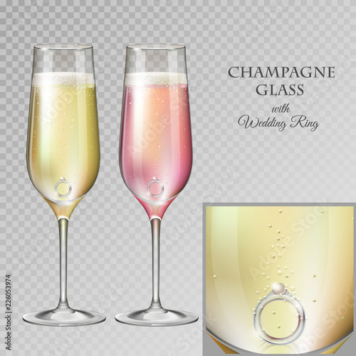 Realistic vector illustration of champagne glass with diamond wedding ring isolated on transperent background