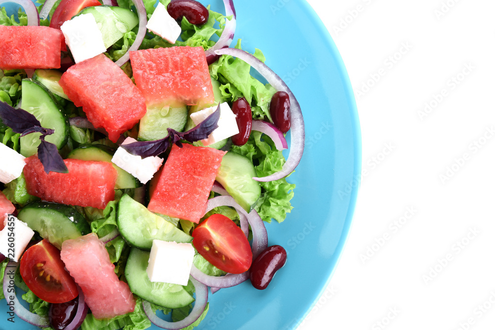 Plate with delicious watermelon salad on white background Plate with delicious watermelon salad on white background