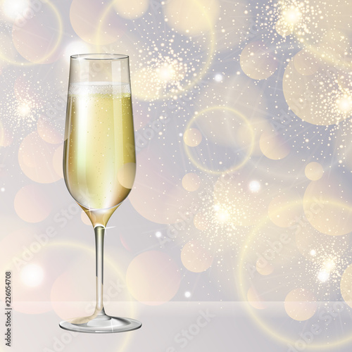 Realistic vector illustration of champagne glass on blurred holiday silver sparkle background